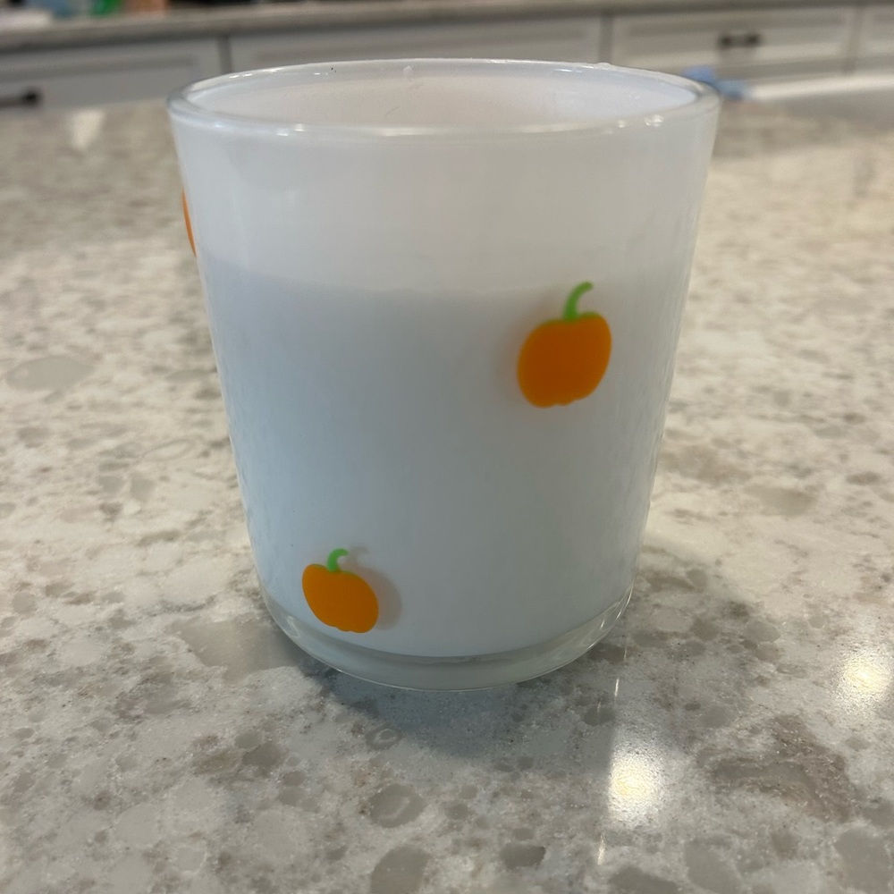 “New” Sand + Fog White Glass Candle with Orange Pumpkin Design 10 oz